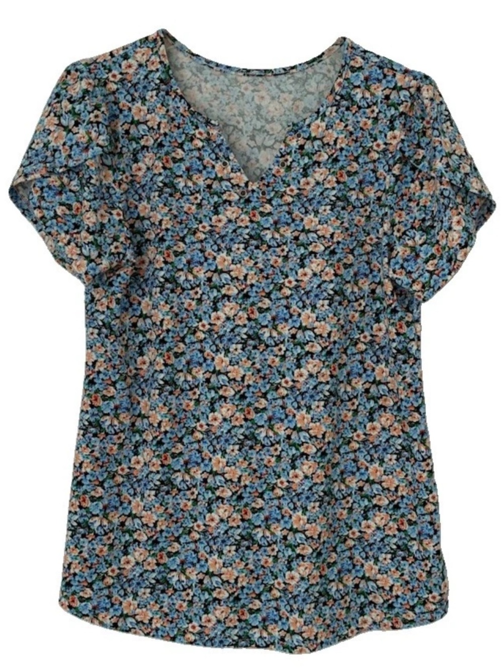 Floral V-neck Short Sleeve Tunic Top in Blue and Pink Relaxed Loose Fit Shirt